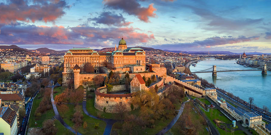 Buda Castle overlooks the Danube river that runs through Budapest